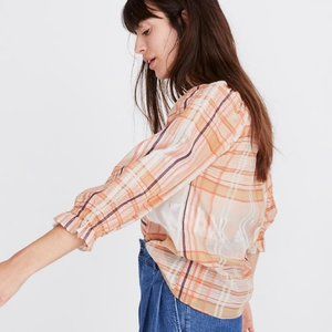 Madewell Plaid Tie Neck Ruffle Sleeve Top